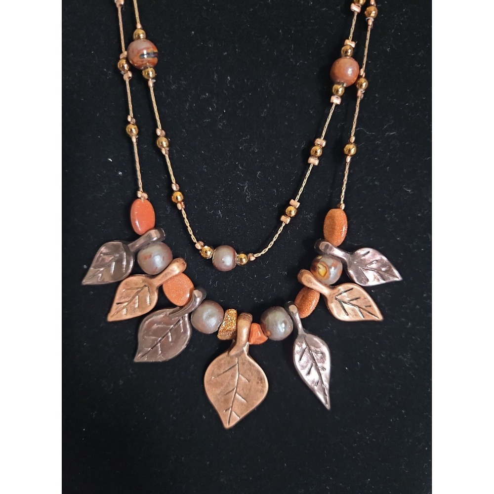 Fall Autumn Copper Tone Leaf Dbl Strand Necklace Beaded